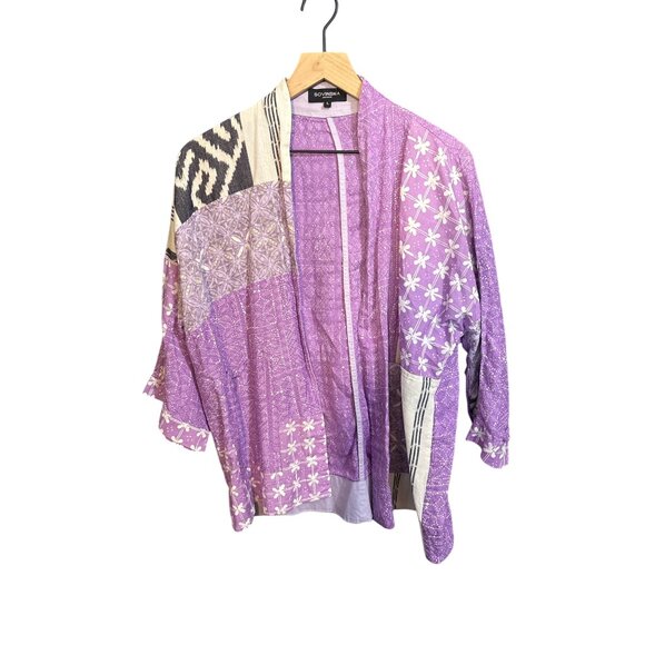Sovinska Jakarta Womens Patchwork Open Kimono Jacket L Purple/White Cotton Blend - Picture 2 of 5